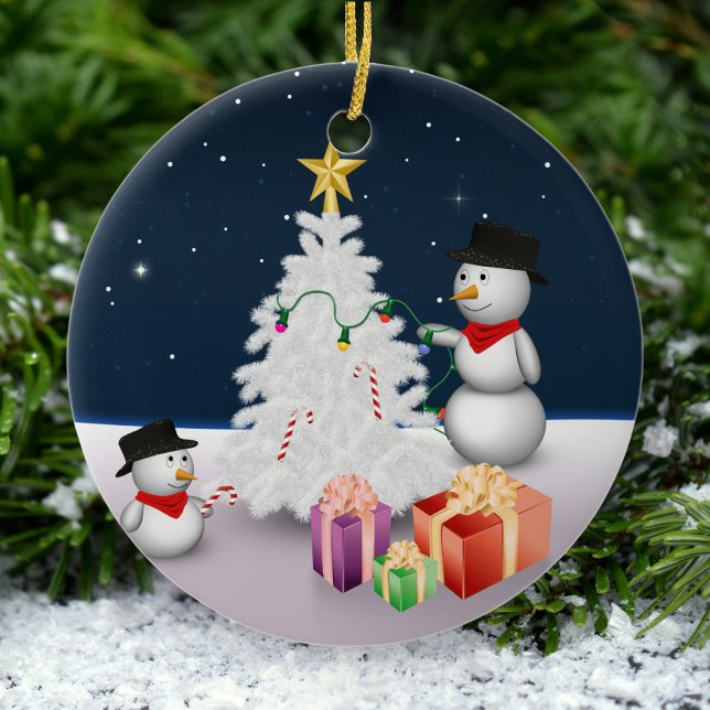 Cute Snowmen with Christmas Tree Ceramic Ornament (Creator Uploaded)