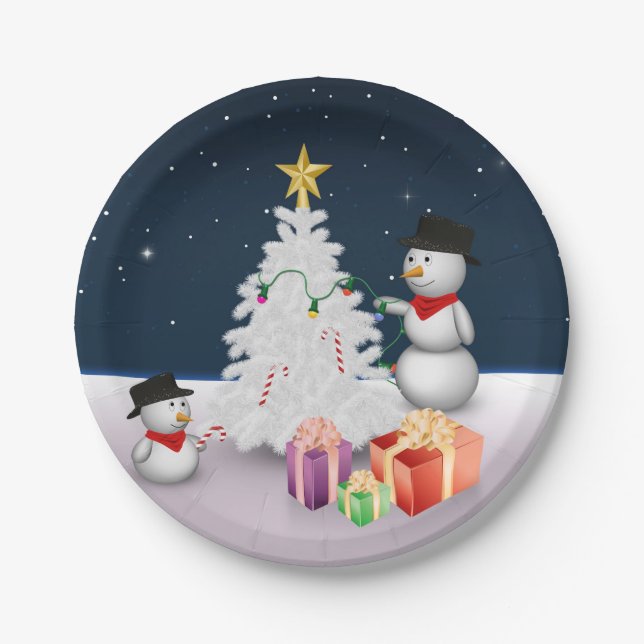 Cute Snowmen with Christmas Tree Paper Plate (Front)