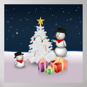 Cute Snowmen with Christmas Tree Poster