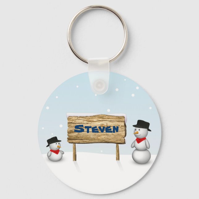 Cute Snowmen with Personalised Name Plate Key Ring (Front)