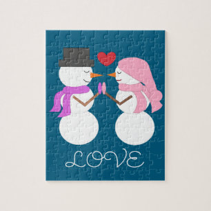 Cute Snowpeople in Love- dark turquois: Jigsaw Puzzle