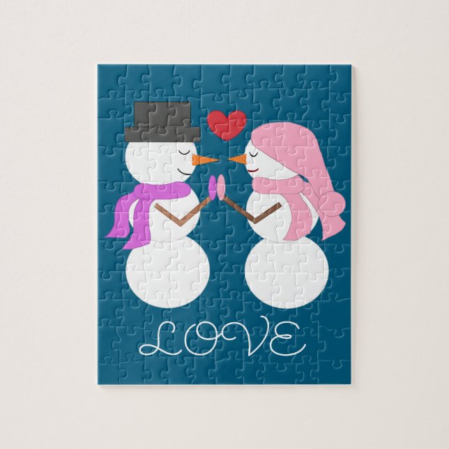 Cute Snowpeople in Love- dark turquois: Jigsaw Puzzle (Vertical)