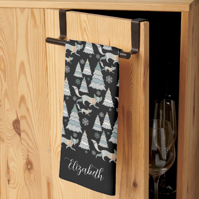 Cute snowy forest and charming foxes  tea towel (Thirds Fold)
