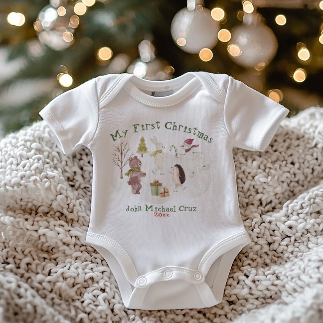 Cute Snowy Forest Animal Scene My First Christmas Baby Bodysuit (Creator Uploaded)