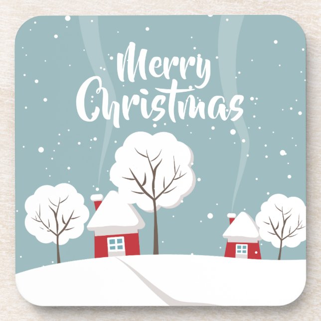 Cute Snowy Houses and Trees Christmas Coaster (Front)