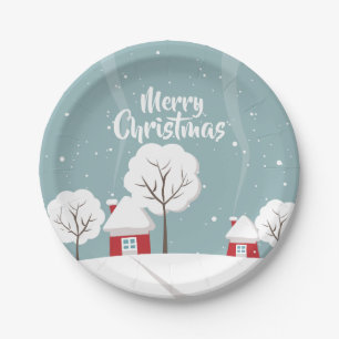 Cute Snowy Houses and Trees Christmas Paper Plate