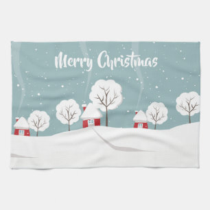 Cute Snowy Houses and Trees Christmas Tea Towel