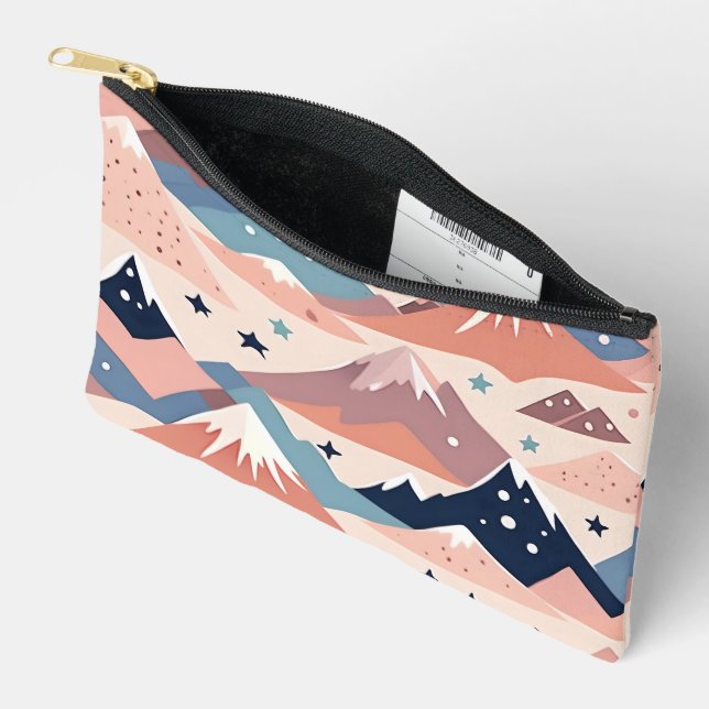 Cute snowy mountains and stars pattern pink accessory pouch (Open)