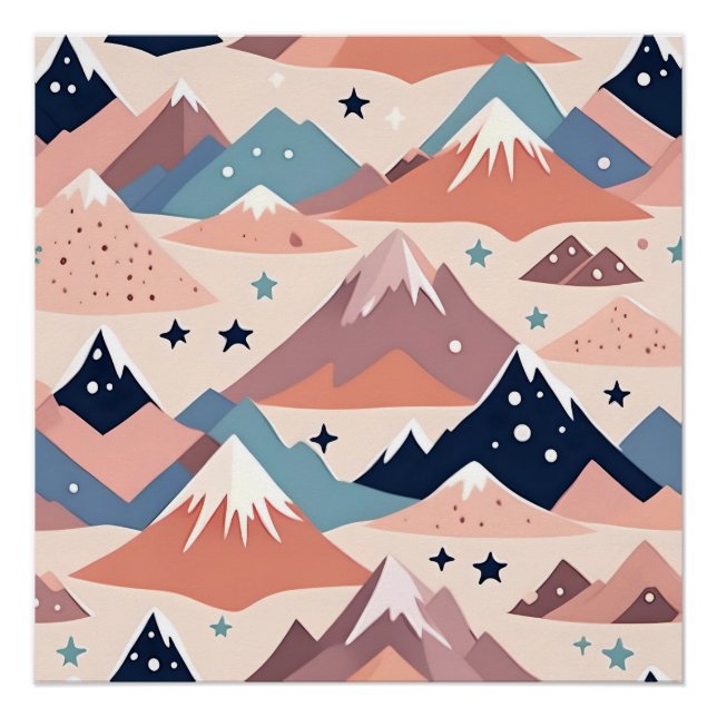 Cute snowy mountains and stars pattern pink poster (Front)