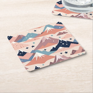 Cute snowy mountains and stars pattern pink square paper coaster