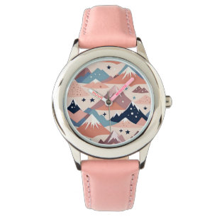 Cute snowy mountains and stars pattern pink watch
