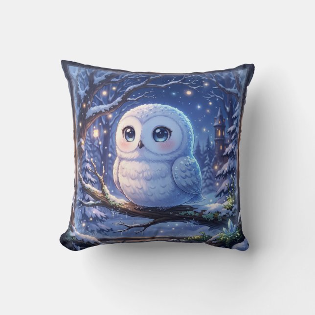 Cute Snowy Owl Winter Pillow (Front)