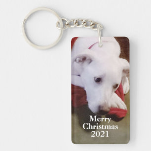 Cute Snowy White Dog Christmas Red Key Ring