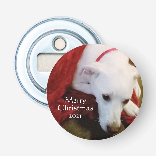 Cute Snowy White Puppy Dog Red Christmas  Bottle Opener (Front)