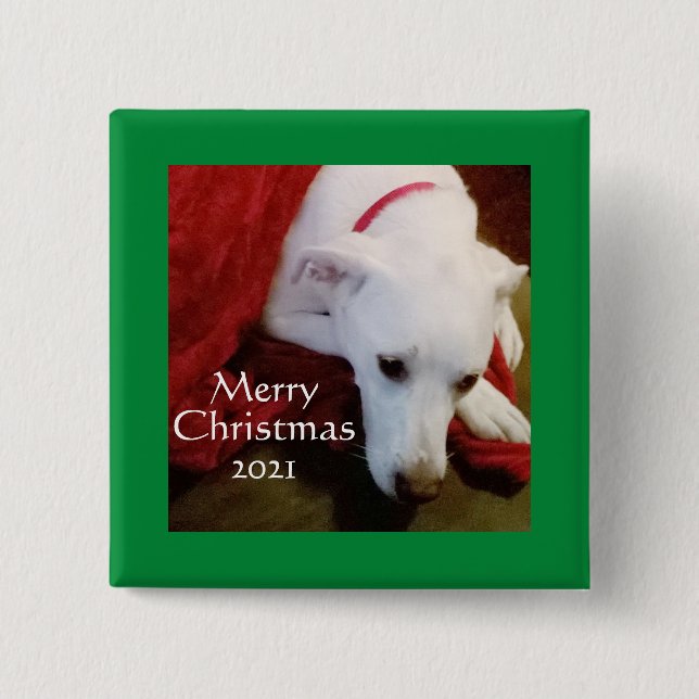 Cute Snowy White Puppy Dog Square green Christmas  15 Cm Square Badge (Front)