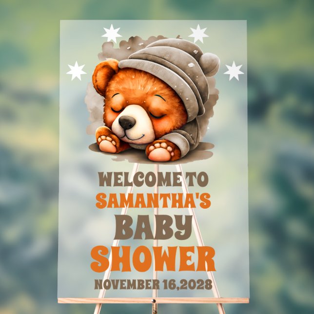 Cute Snuggle Bear Baby Shower Welcome Frosted Acrylic Sign (Neutral)