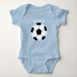 Cute Soccer Ball Personalised Baby Sports Baby Bodysuit<br><div class="desc">Cute Soccer Ball Personalised Baby Sports One piece shirt. Variety of sizes and styles available for all ages. Geometric shaped black and white soccer ball on the front of this cute baby shirt. Personalise with name in a curved font above the soccer ball. Customise to change to another style of...</div>
