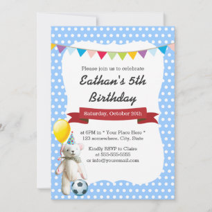 Cute Soccer Bear Blue Polka Dots Birthday Party Invitation