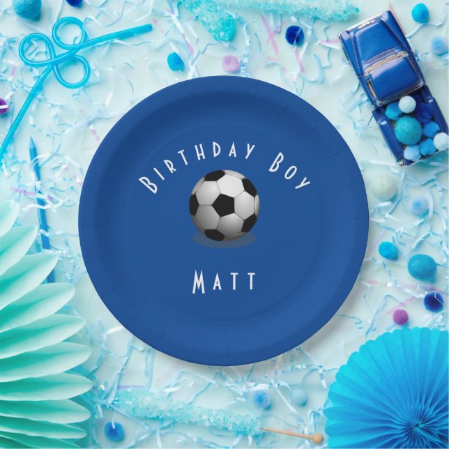 Cute Soccer Birthday Boy Blue and White Paper Plate (Party)