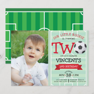 Cute Soccer Field & Ribbon Photo 2nd Birthday Invitation