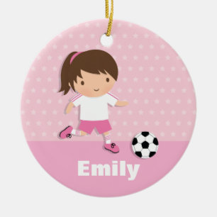 Cute Soccer Footballer Girl Pink Personalised Ceramic Ornament