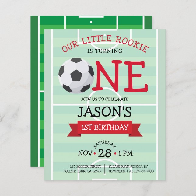 Cute Soccer Ribbon Budget 1st Birthday Invite (Front/Back)