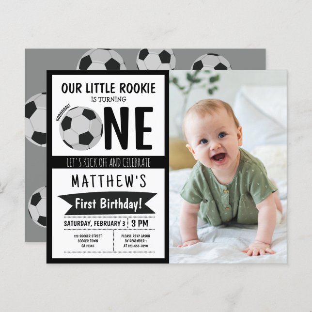 Cute Soccer Ribbon Budget Photo 1st Birthday (Front/Back)