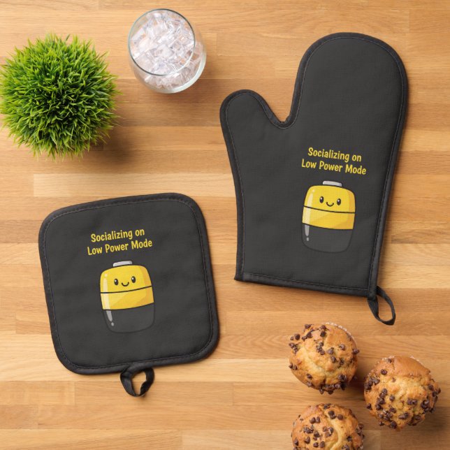 Cute Social Battery "Socialising on Low Power Mode Oven Mitt & Pot Holder Set (Top Down)