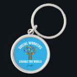 Cute Social Work Quote Blue Rainbow Tree Monogram Key Ring<br><div class="desc">Social Workers Change the World inspirational gift. A cute motivational social work quote written around a beautiful tree of rainbow leaves on a bright blue personalised keychain for a social services manager.</div>