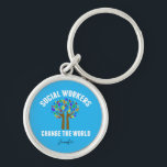 Cute Social Work Quote Blue Rainbow Tree Monogram Key Ring<br><div class="desc">Social Workers Change the World inspirational gift. A cute motivational social work quote written around a beautiful tree of rainbow leaves on a bright blue personalised keychain for a social services manager.</div>