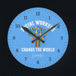 Cute Social Work Quote Round Clock<br><div class="desc">Social Workers Change the World inspirational quote gift on a cool wall clock for a social services waiting room or office. A cute motivational social work quote written around a beautiful tree of rainbow leaves.</div>