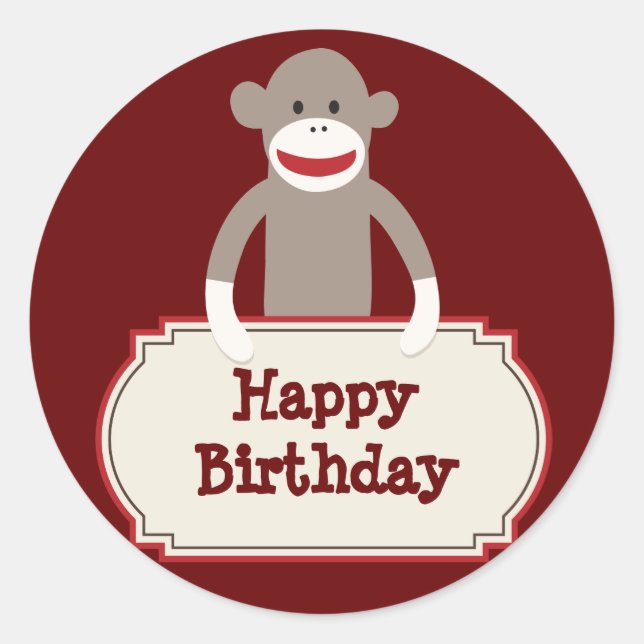 Cute Sock Monkey Happy Birthday Stickers (Front)