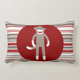 Cute Sock Monkey on Red Circle Red Brown Stripes Lumbar Cushion