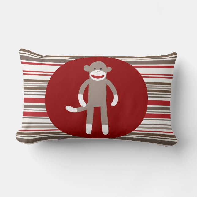 Cute Sock Monkey on Red Circle Red Brown Stripes Lumbar Cushion (Front)