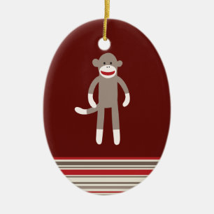 Cute Sock Monkey on Red with Stripes Ceramic Tree Decoration