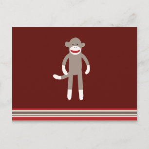 Cute Sock Monkey on Red with Stripes Postcard