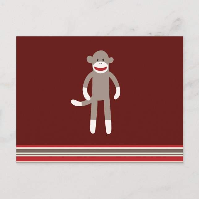 Cute Sock Monkey on Red with Stripes Postcard (Front)