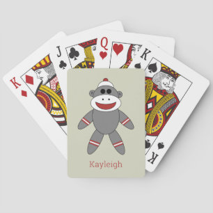 Cute Sock Monkey on Tan With Name Playing Cards