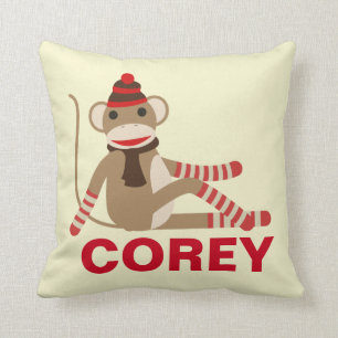 Cute Sock Monkey with Custom Name Cushion