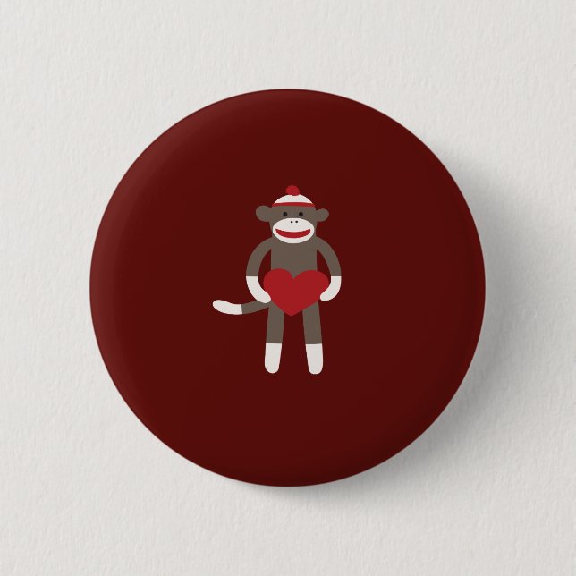 Cute Sock Monkey with Hat Holding Heart 6 Cm Round Badge (Front)