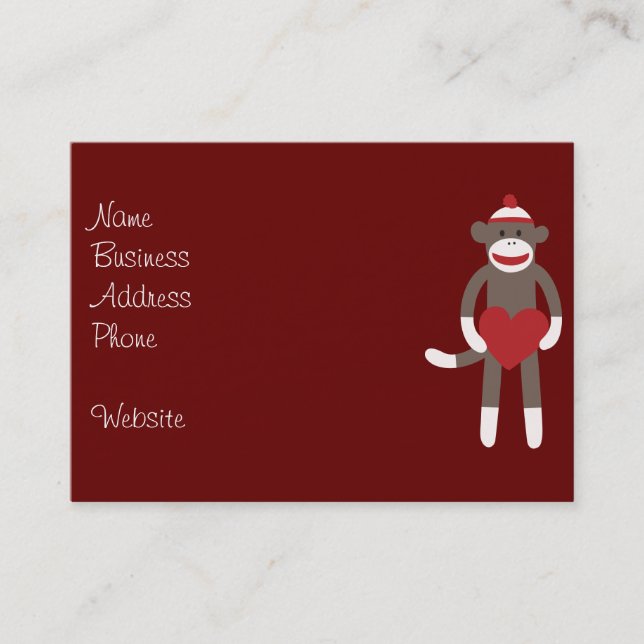Cute Sock Monkey with Hat Holding Heart Business Card (Front)