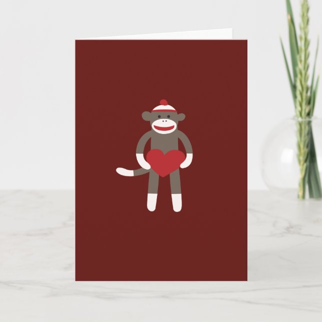 Cute Sock Monkey with Hat Holding Heart Card (Front)
