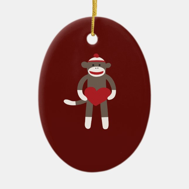 Cute Sock Monkey with Hat Holding Heart Ceramic Ornament (Front)