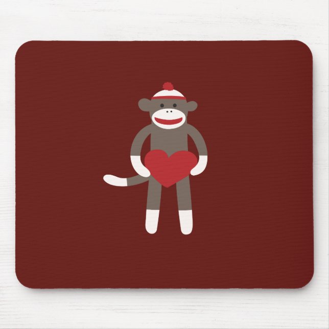 Cute Sock Monkey with Hat Holding Heart Mouse Pad (Front)