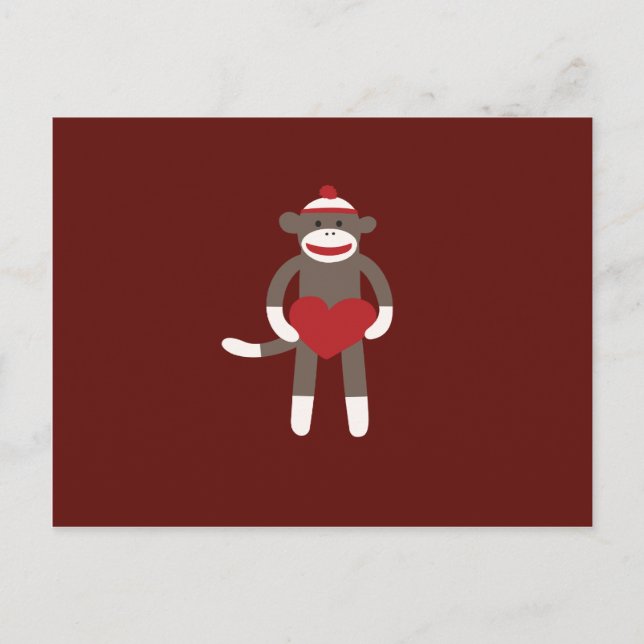 Cute Sock Monkey with Hat Holding Heart Postcard (Front)