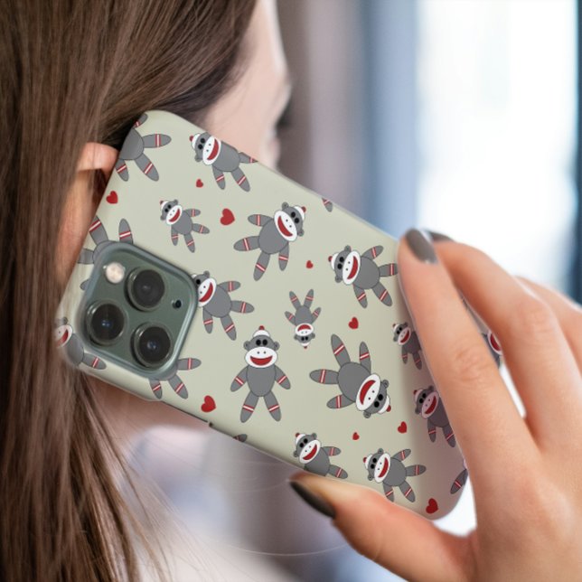 Cute Sock Monkey With Hearts Pattern on Tan iPhone Case (Creator Uploaded)