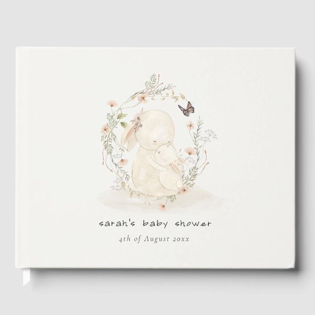 Cute Soft Baby Mum Bunny Floral Wreath Baby Shower Guest Book (Front)