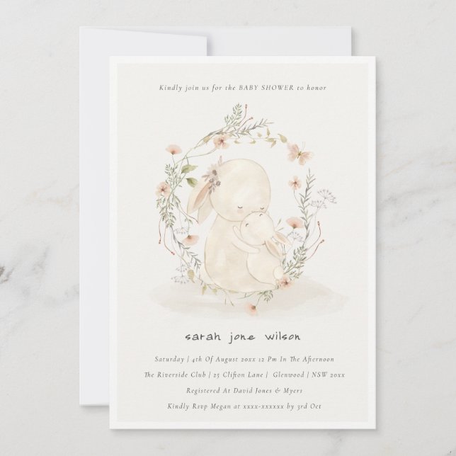 Cute Soft Baby Mum Bunny Floral Wreath Baby Shower Invitation (Front)