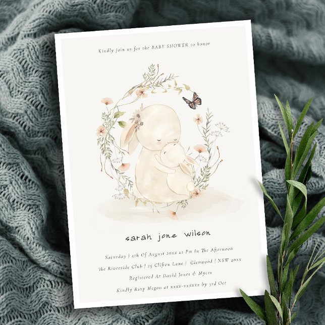 Cute Soft Baby Mum Bunny Floral Wreath Baby Shower Invitation (Creator Uploaded)