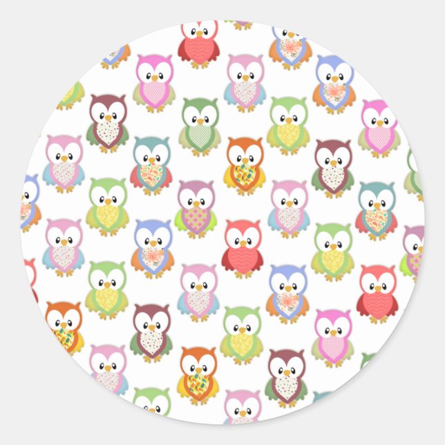 Cute soft colourful owls different chest patterns classic round sticker (Front)